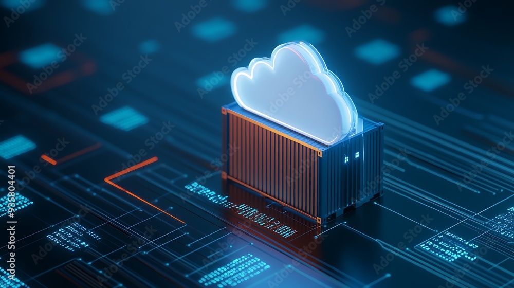 Poster illustration of a cloud computing concept, featuring a cloud inside a container on a digital backgro
