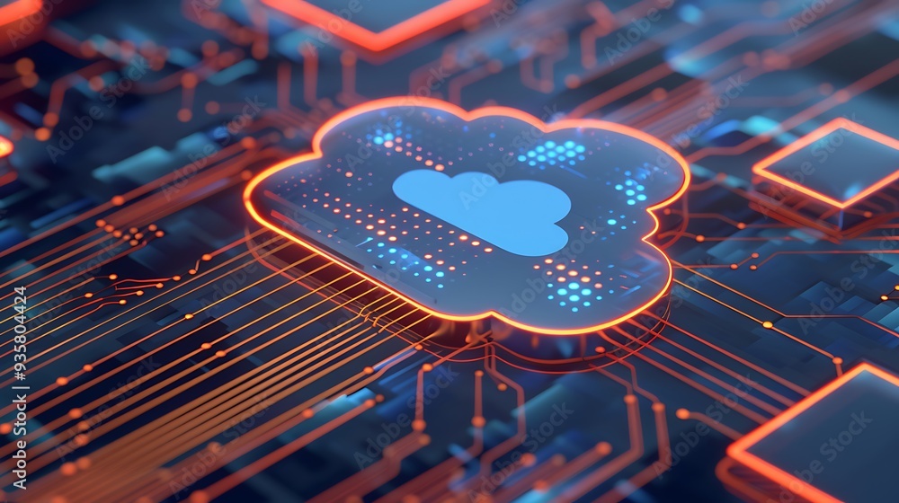 Poster illustration of a digital cloud on a circuit board, representing modern technology, cloud computing,