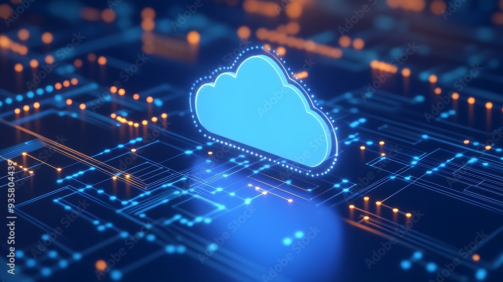 Poster illustration of cloud computing concept with glowing digital circuits, representing data storage, ne