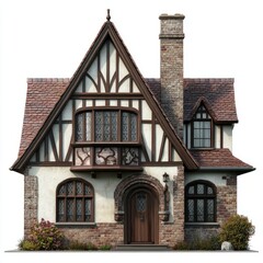 Naklejka premium Photorealistic Tudor Revival House Rendering: English Style, White Background