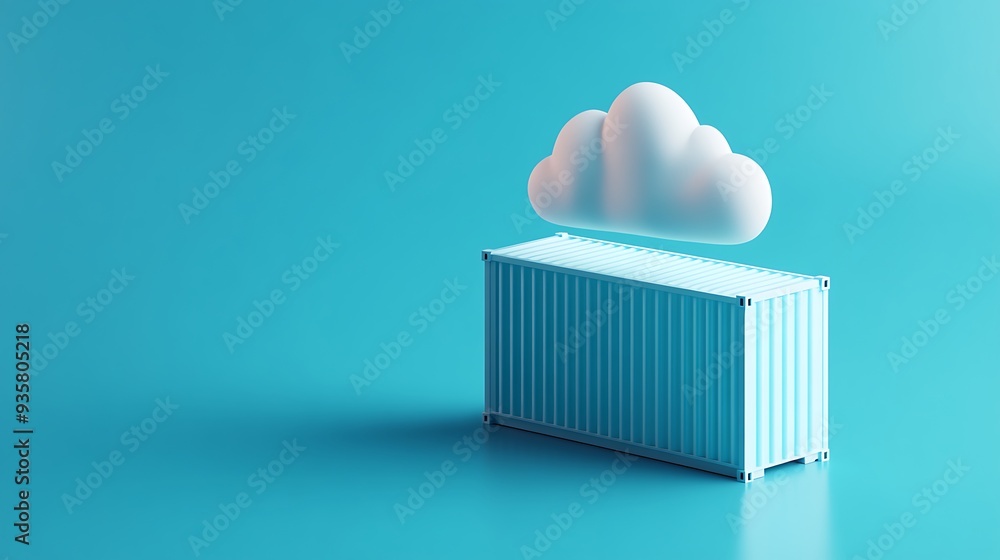 Poster minimalist 3d illustration of a shipping container and a cloud on a cyan background, representing cl