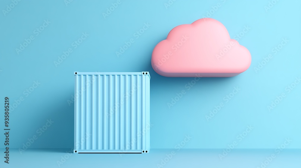 Poster minimalist 3d render of a blue shipping container next to a pink cloud on a light blue background, s