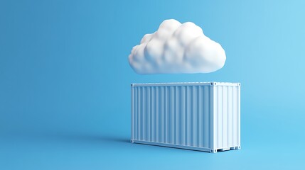 Minimalist 3D rendering of a cloud above a shipping container on a blue background, representing cloud computing and storage concepts.