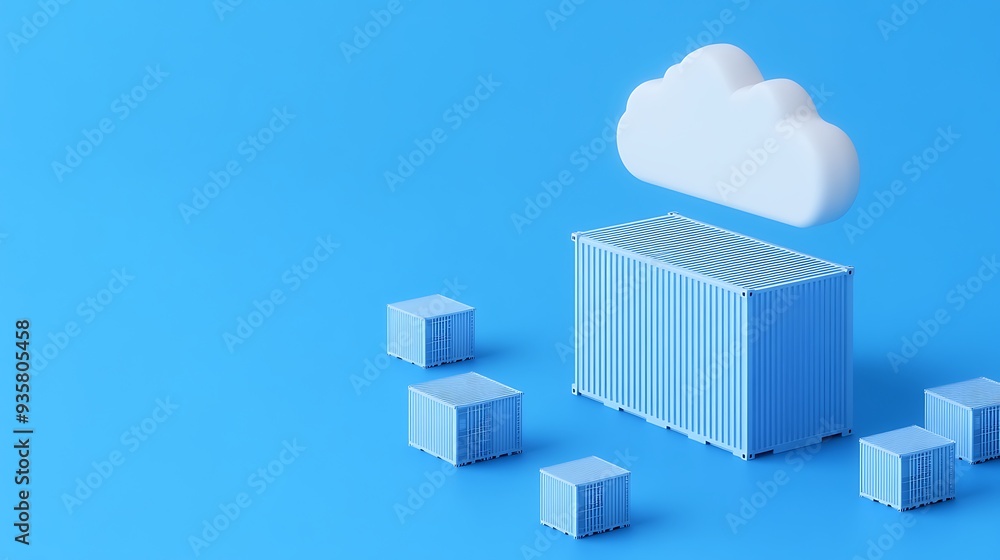 Poster minimalist 3d rendering of cargo container with trucking cubes under a cloud symbol on blue backgrou