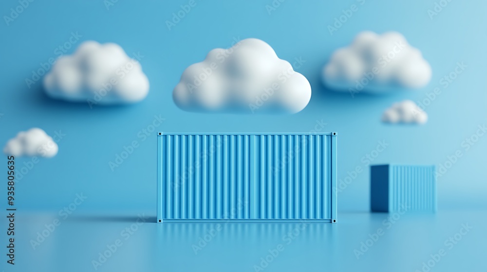 Poster minimalist blue container and cube against a blue background with fluffy white clouds. conceptual an
