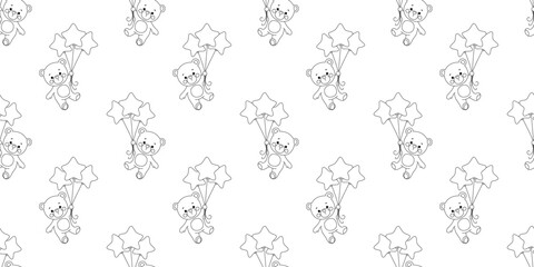 Line seamless pattern with cute baby bear flying with balloons. Vector funny outline sketch drawing for kids