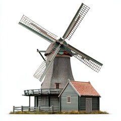 Photorealistic Dutch Windmill House Isolated on White Background 1