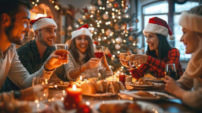 A lively gathering of young people enjoying a Christmas celebration at home, sharing laughter, drinks, and a delicious feast around a beautifully decorated table
