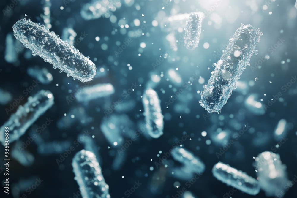 Poster Close-up digital illustration of multiple bacteria floating in a liquid medium, emphasizing the diverse shapes and structures of microorganisms in a dynamic aquatic environment.