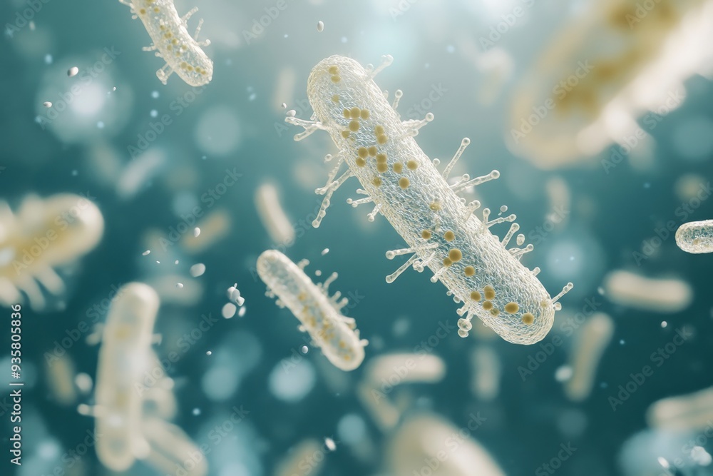 Poster High-resolution macro view of a single bacterium floating in a liquid environment, showcasing the detailed structure and surface textures of microorganisms.