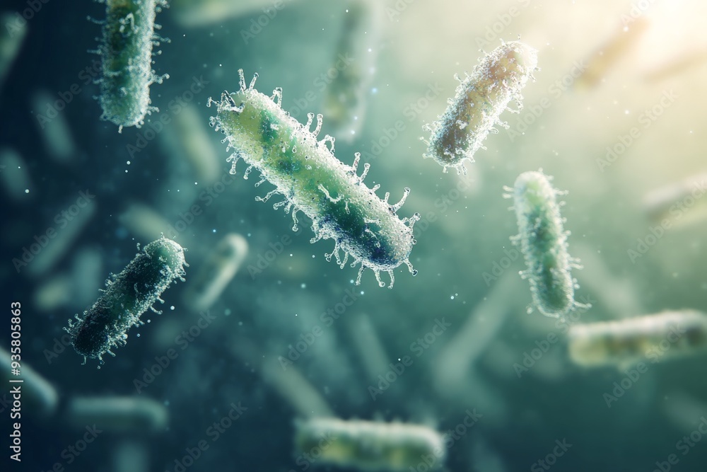 Aufkleber Digital illustration showing a high-resolution image of bacteria floating in an aquatic environment, capturing the complex structures and detailed features of the microorganisms.
