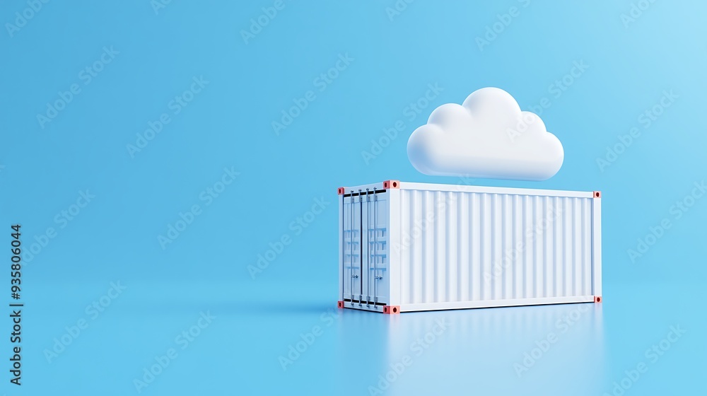 Poster minimalist cloud computing concept with shipping container and cloud on blue background, representin