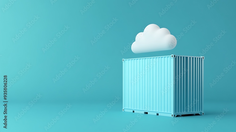 Poster minimalist concept image of a cloud above a shipping container on a blue background, representing cl