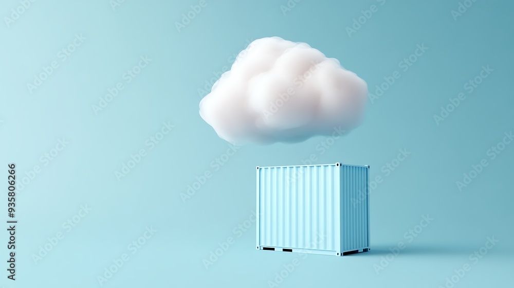Poster minimalist concept image of a shipping container and cloud on a blue background, symbolizing cloud s