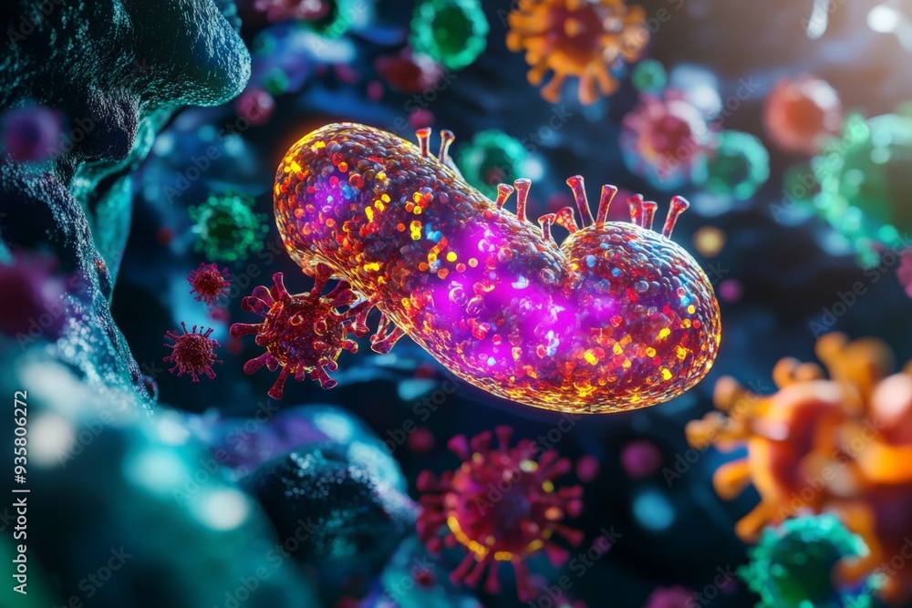 Poster a highly detailed image depicts colorful bacteria and viruses magnified under a microscope, showcasi