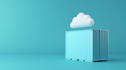 Minimalist concept image of a cloud above a shipping container on a blue background, representing cloud computing and logistics.