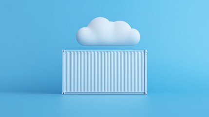 Minimalist concept of a cloud floating over a shipping container on a blue background, representing data storage and cloud computing.