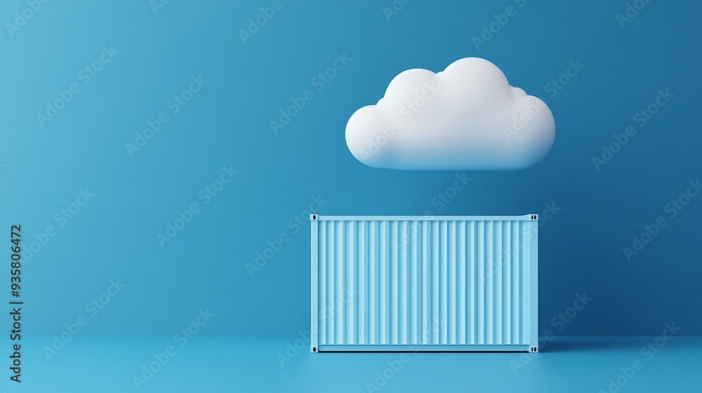 Poster minimalist concept with a floating cloud and a cargo container against a blue background, representi