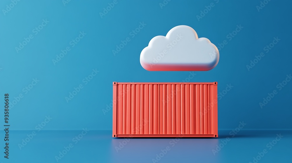 Poster minimalist depiction of cloud computing and container technology with a red shipping container under