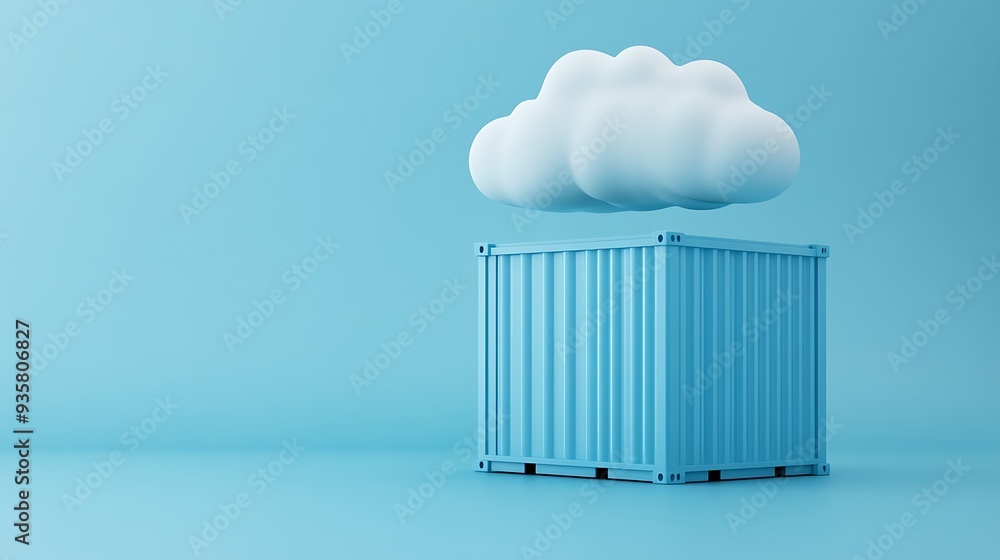 Aufkleber minimalist illustration of a cloud hovering near a blue shipping container on a cyan background, ble