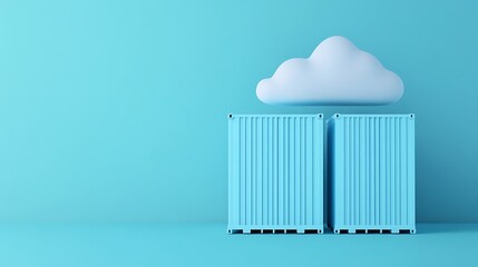 Minimalist illustration of two blue shipping containers next to a white cloud on teal background, symbolizing cloud storage and data technology.