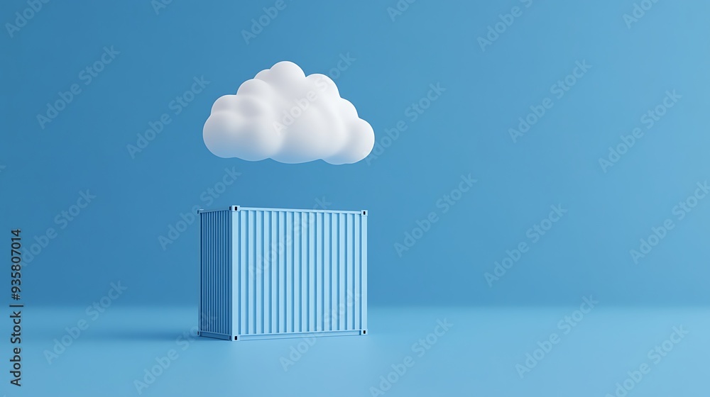 Poster minimalist image of a blue shipping container with a single cloud floating above it, set against a b