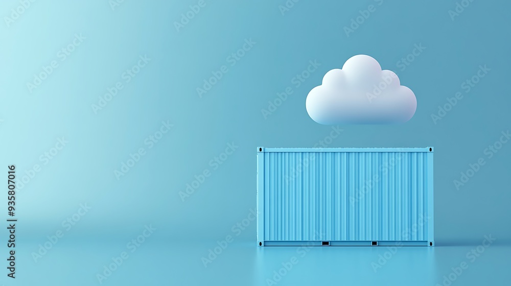 Poster minimalist image of a blue shipping container under a cloud on a light blue background, representing
