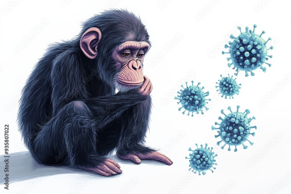 Poster a chimpanzee is sitting down while closely observing several virus particles floating in the air, ag