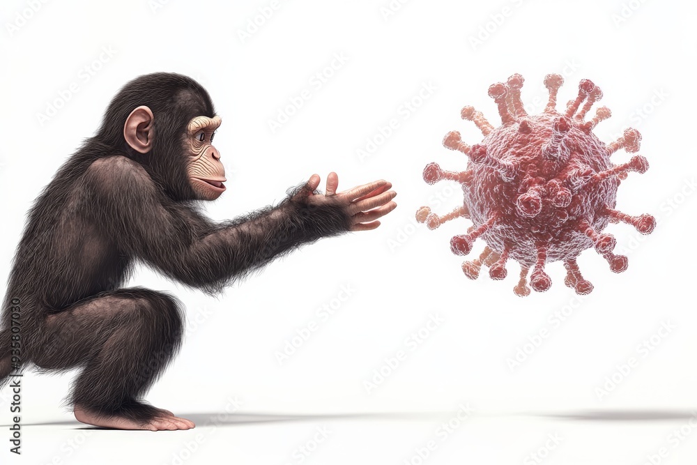 Poster A chimpanzee with its arms extended towards a large, detailed virus particle, set against a plain white background, symbolizing curiosity and interaction with the unknown.