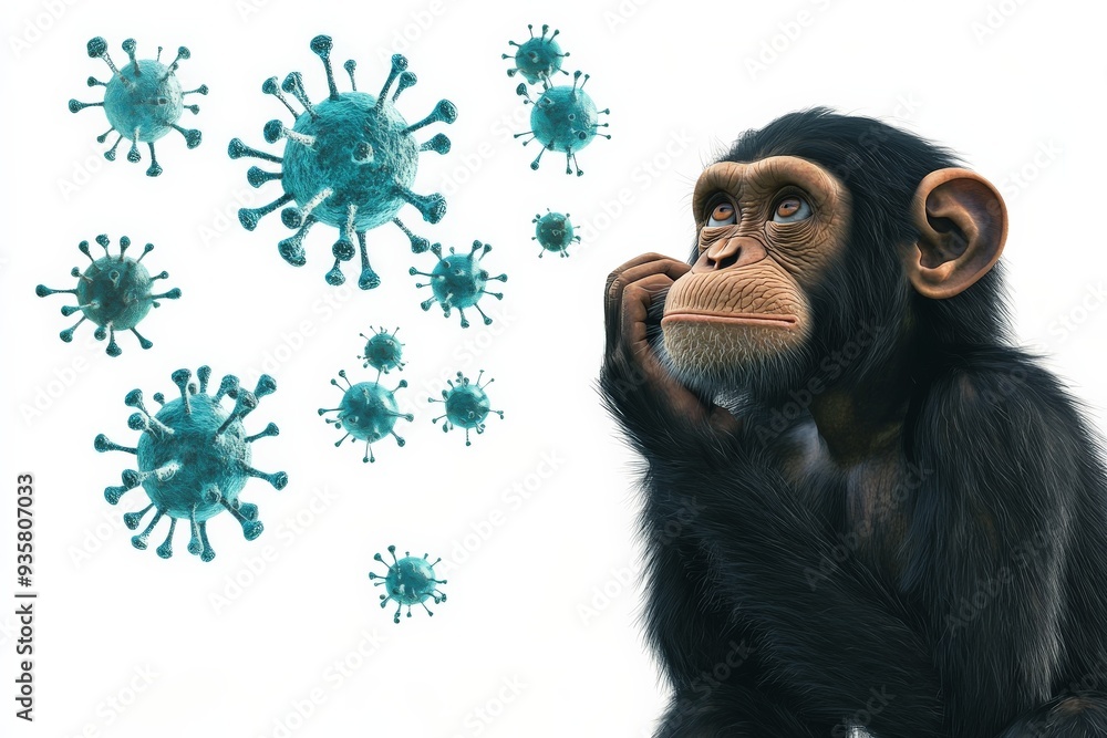 Poster chimpanzee rests its head on its hand in a thinking pose, surrounded by multiple virus particles, se