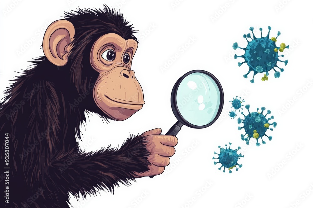 Poster a chimpanzee closely examines virus particles using a magnifying glass, against a minimalist white b