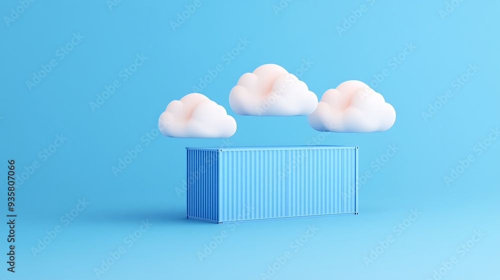 Aufkleber minimalist image of a blue shipping container with three fluffy clouds floating above, set against a