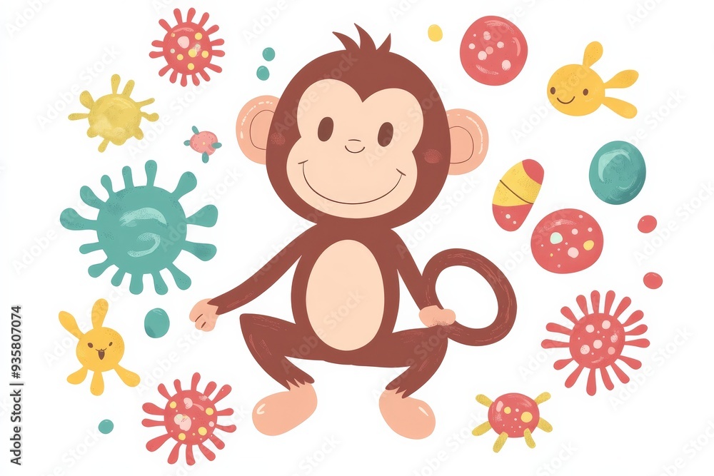 Poster a friendly cartoon monkey enveloped by vibrant, colorful virus particles, representing innocence and