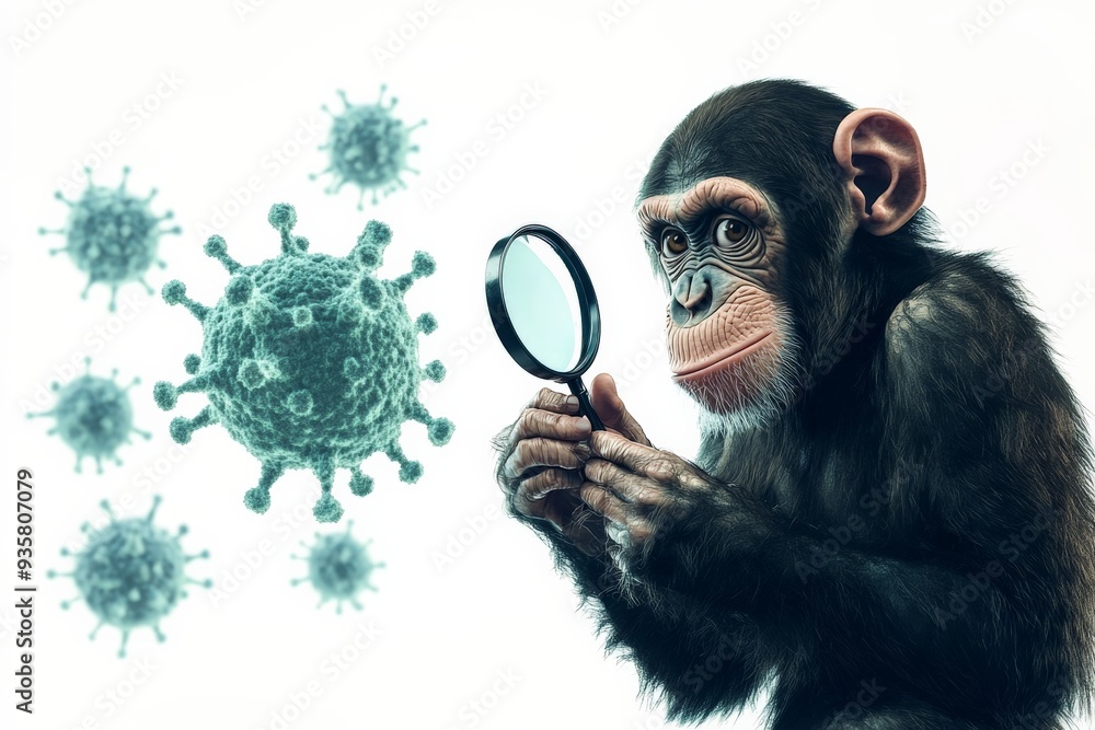Poster A chimpanzee closely inspecting virus particles using a magnifying glass, highlighting curiosity and scientific exploration in a digitally rendered image.