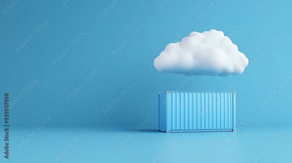 Poster minimalist image of a cargo container set against blue with a cloud floating above, representing shi