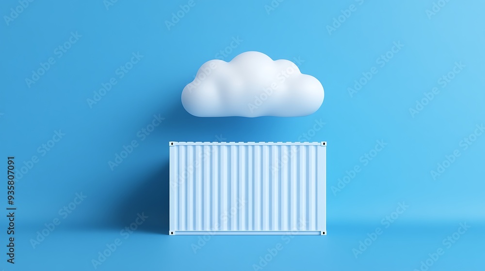 Poster minimalist image of a cloud and shipping container on a blue background symbolizing technology, data