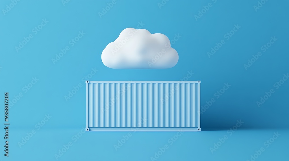 Poster minimalist image of a cloud hovering above a blue container against a matching blue background, symb