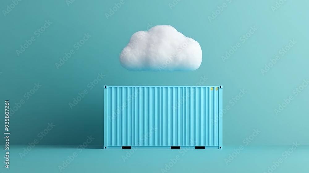 Poster minimalist image of a cloud floating over a blue shipping container on a teal background, symbolizin