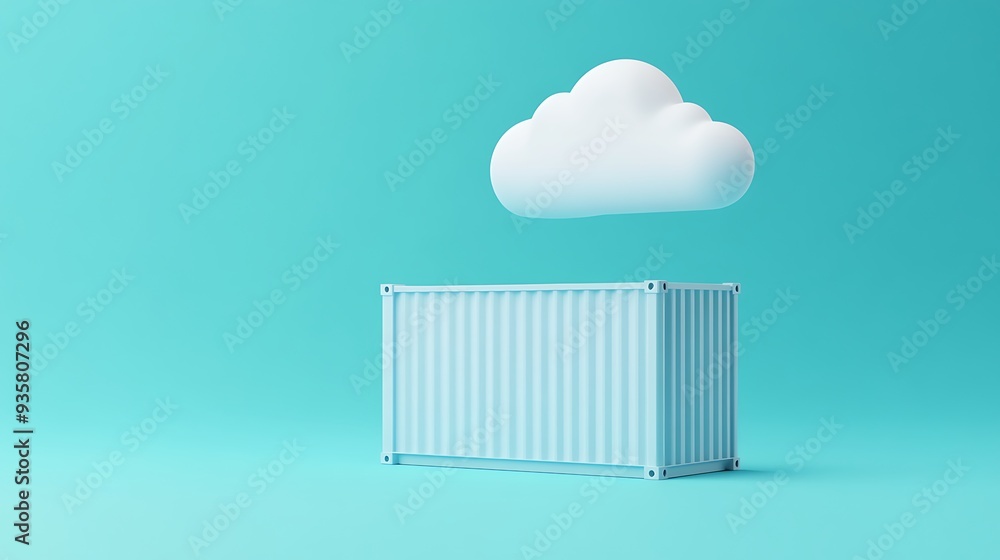 Poster minimalist image of a cloud hovering above a shipping container against a bright turquoise backgroun