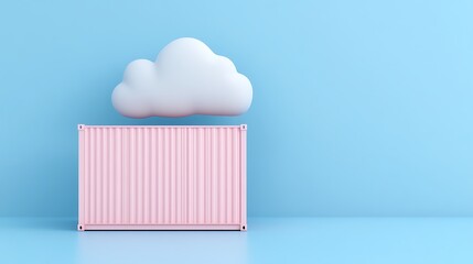 Minimalist image of a pastel pink shipping container under a whimsical cloud against a turquoise background, representing creativity and imagination.