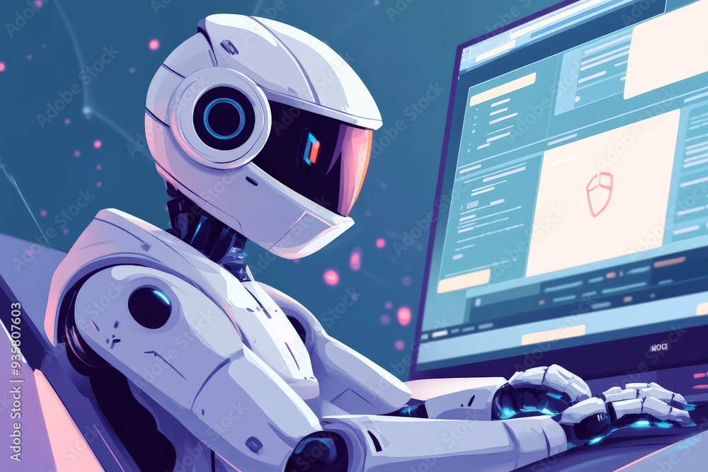 Aufkleber A high-tech futuristic robot is seen working diligently at a computer station, showcasing advanced technology and robotics in a professional and modern setting.