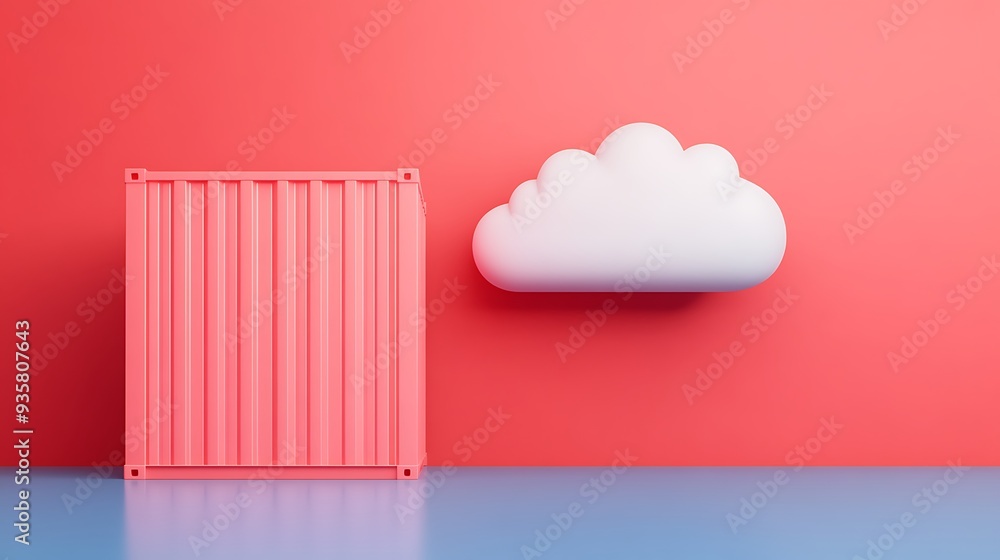 Aufkleber minimalist image of a pink shipping container and white cloud on a red background. concept of techno