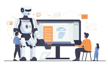 A humanoid robot teacher is shown assisting human students with a lesson on a large computer screen, highlighting the integration of AI in educational environments.