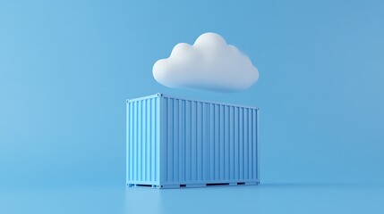 Minimalist image of a shipping container below a cloud against a blue background symbolizing cloud computing and logistics.
