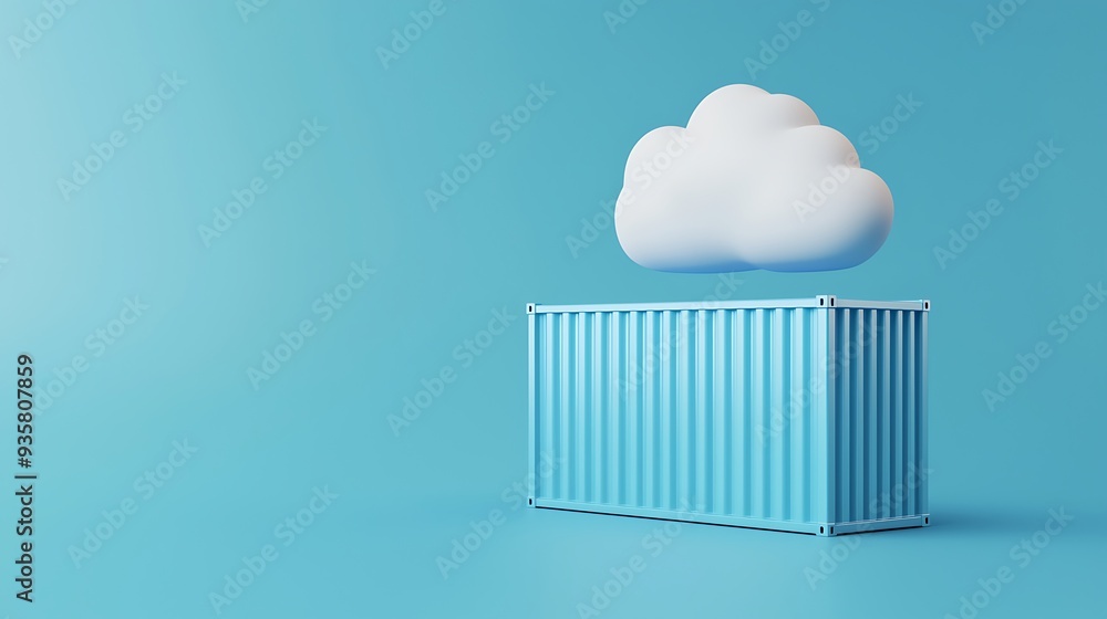 Poster minimalist image of cloud computing concept with a floating white cloud above a blue shipping contai