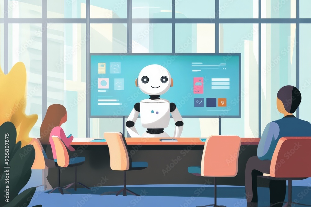 Poster a cheerful robot leads a meeting in a modern, sunlit office, illustrating the integration of robotic