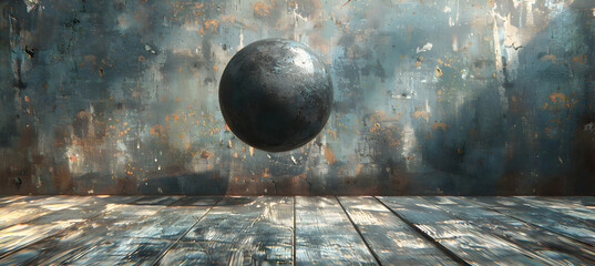 A realistic image of a floating 3D sphere casting intricate shadows on a wooden table