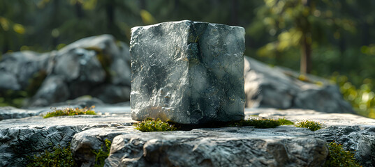 A realistic image of a floating 3D cube casting shadows on a textured stone surface