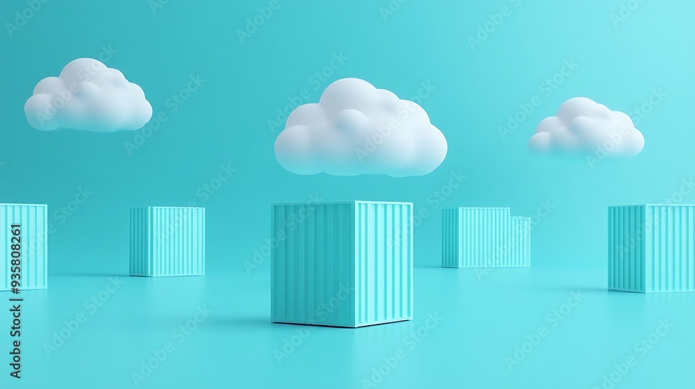 Poster minimalist scene with fluffy clouds and turquoise cubes on a light blue background. abstract and mod