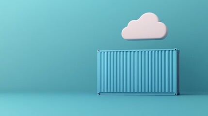 Minimalist shipping container with cloud on blue background, representing dream or moving concept. Ideal for transport or logistics themes.